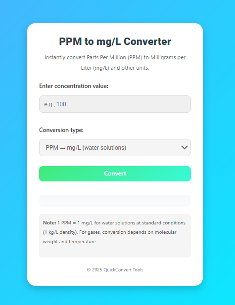 Convert PPM to mg/L, µg/m³, g/L Instantly