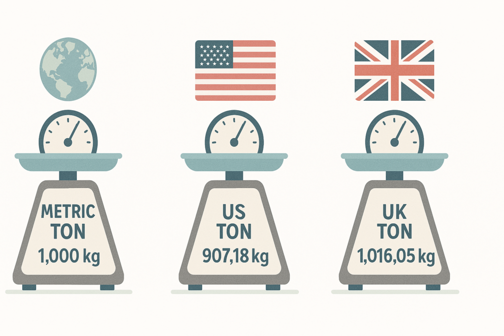Illustration showing the difference between Metric Ton, US Ton, and UK Ton in kilograms with visual comparison.