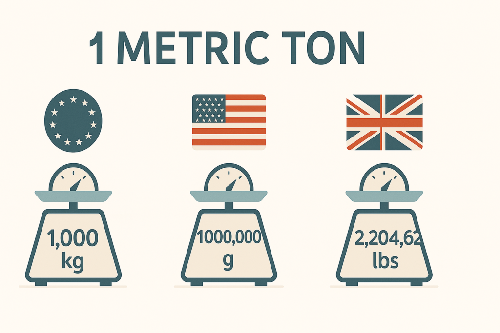 Infographic showing 1 metric ton converted into kilograms, grams, and pounds with simple visuals and unit symbols.