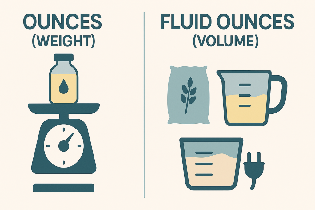 Side-by-side comparison of fluid ounces and ounces with measuring tools and ingredients.