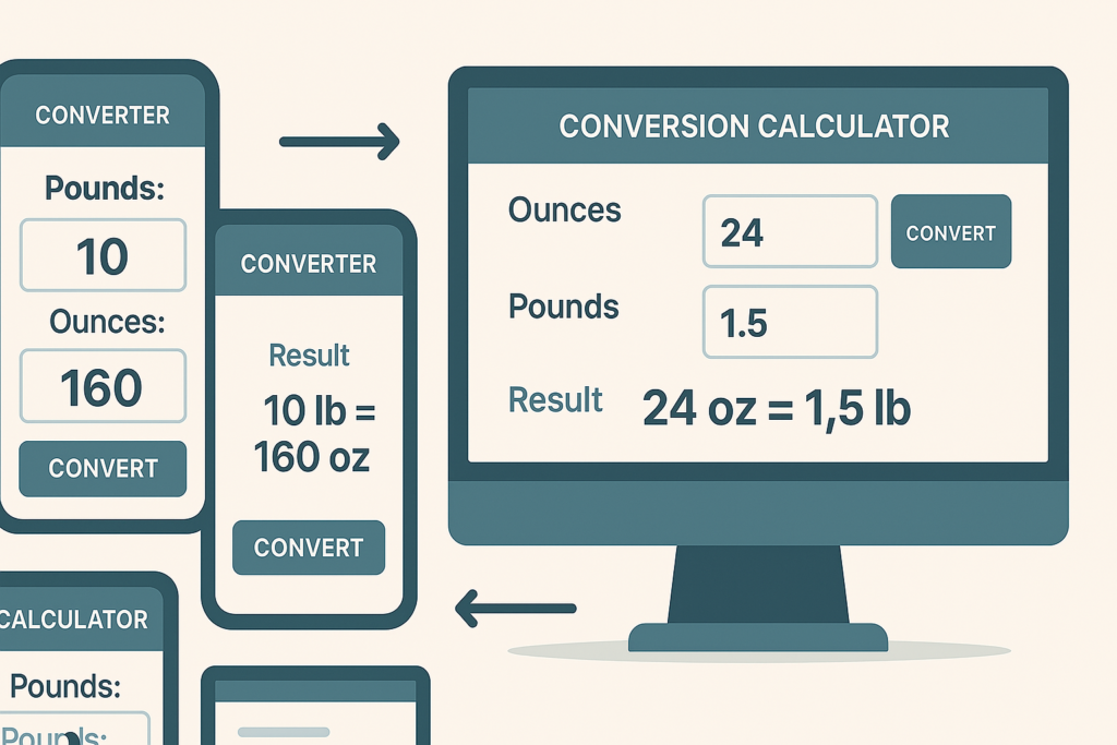 Various pound-to-ounce converters displayed on mobile, browser, and Excel.