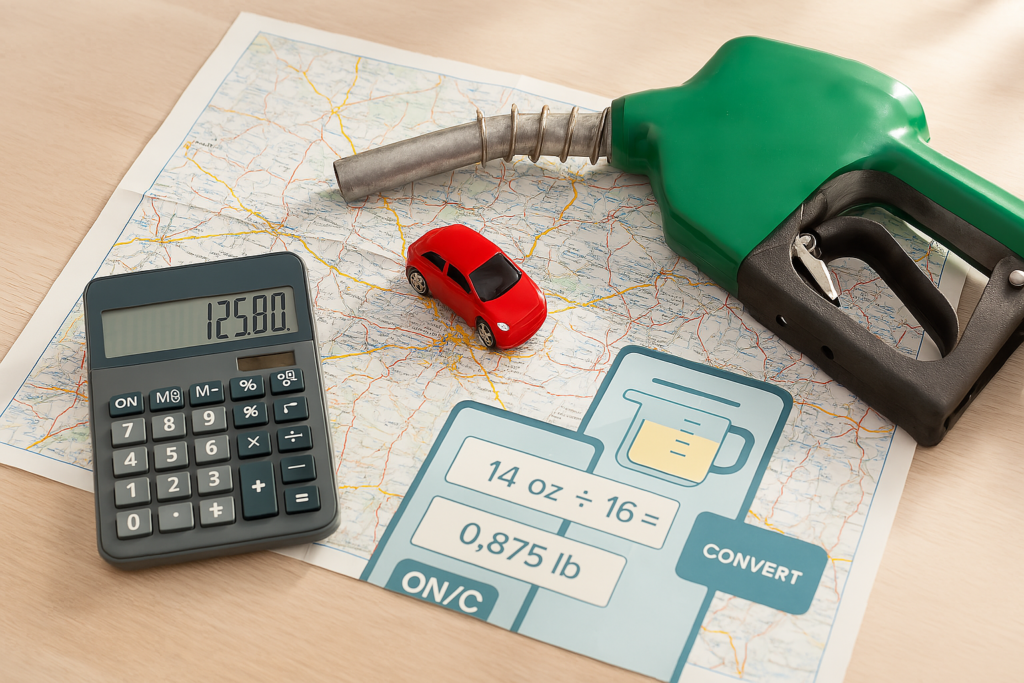 Map, car, gas pump and calculator illustrating trip fuel cost estimate