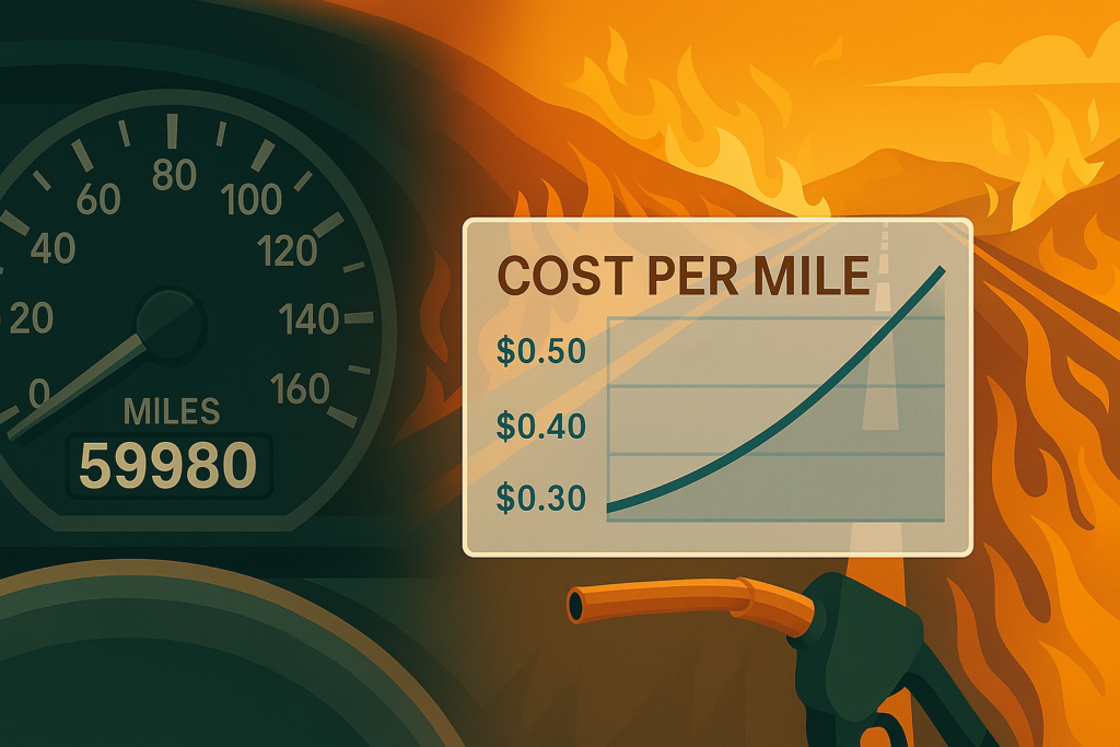 Car dashboard showing cost-per-mile gas calculator display