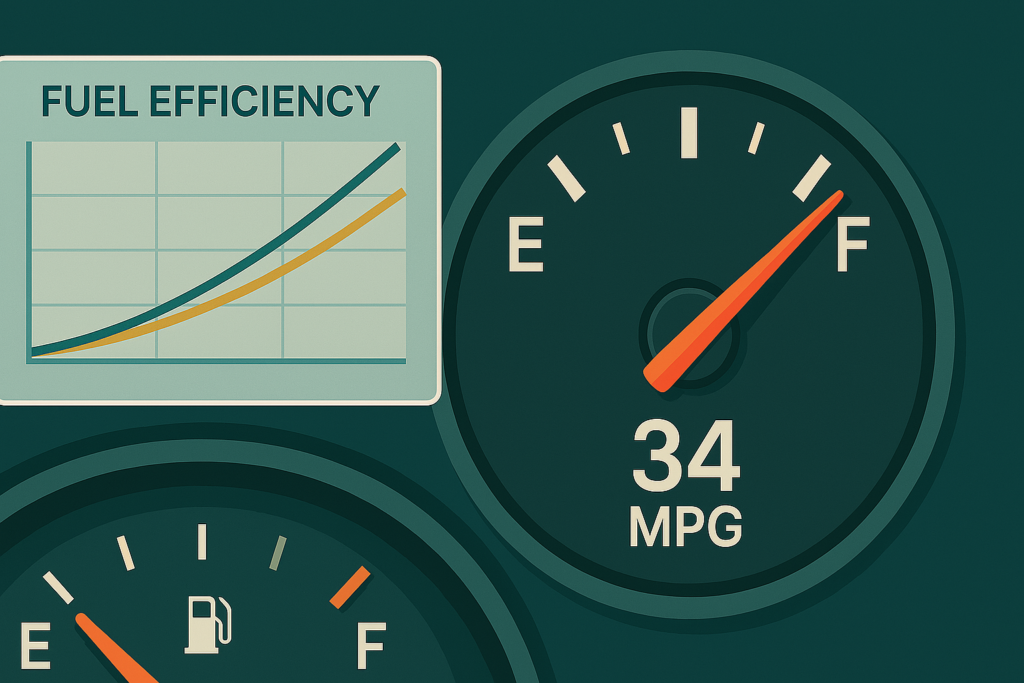 Pie chart and speedometer representing fuel efficiency metrics