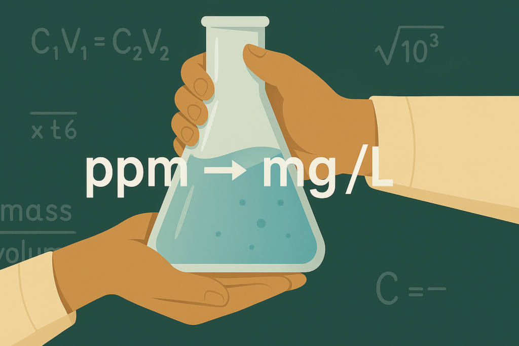 Hands converting ppm to mg per liter formula with water illustration