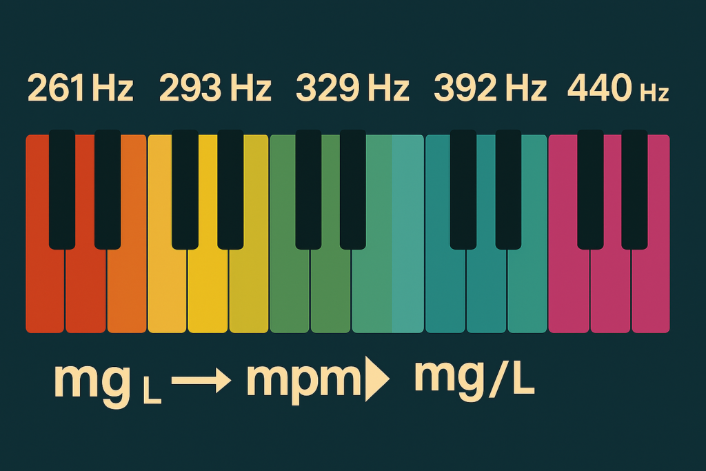 A piano keyboard with frequency labels for each note, illustrating musical note frequencies.
