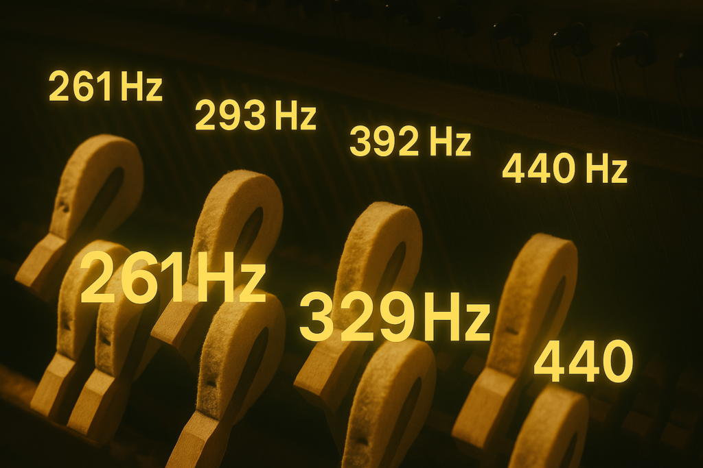 A grand piano with highlighted keys showing their respective frequencies in hertz (Hz)