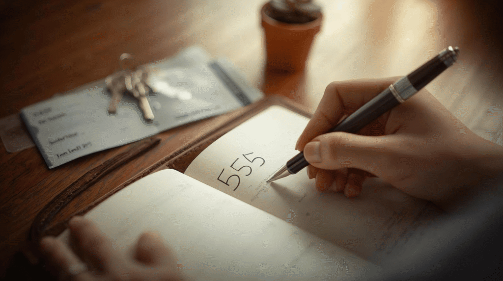 A person's hand writing in a leather-bound journal. On the page, the numbers _555_ are written neatly. In the background, out of focus, are elements of change_ a plane ticket, a set of keys, and a small pot