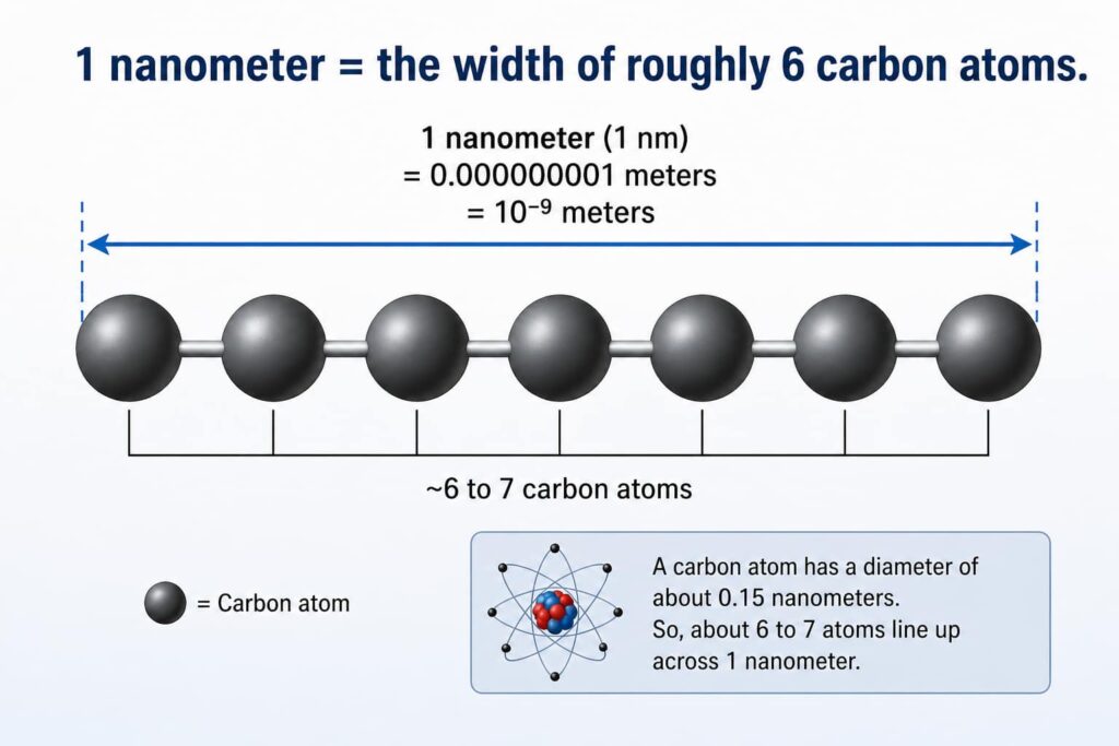 A line of carbon atoms (each represented as a sphere) showing that approximately 6–7 atoms span 1 nanometer. Caption: "1 nanometer = the width of roughly 6 carbon atoms." This grounds the abstract unit in atomic reality.