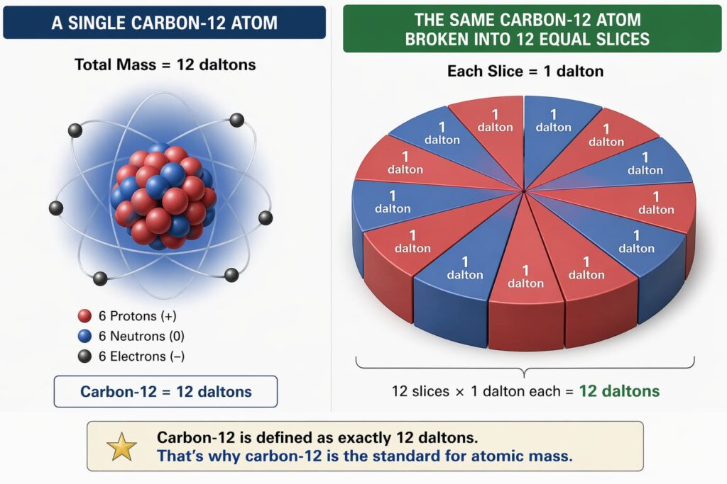 A clear side-by-side comparison showing a single carbon-12 atom broken into 12 equal "slices" – each slice represents 1 dalton. This visual helps students grasp why carbon-12 is the standard.