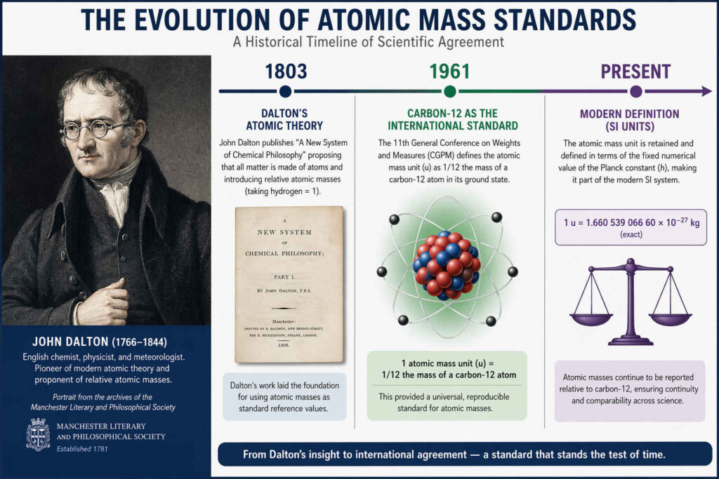 Portrait of John Dalton from the Manchester Literary and Philosophical Society archives, alongside a timeline of atomic mass standards (1803–1961–present). This establishes historical authority.