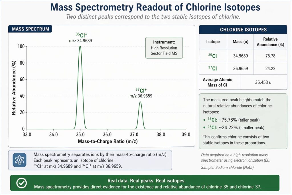 A mass spectrometry readout showing two distinct peaks for chlorine-35 and chlorine-37, with relative heights matching the abundance table above. This real data image proves the concept visually.